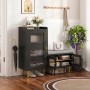 Schwarze Schuhkommode mit gepolsterter Sitzbank, geriffelten Glastüren und goldfarbenen Beinen. Ideal für Flur & Garderobe.
