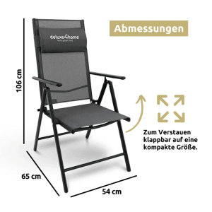 deluxe4home Klappstuhl, 7-fach verstellbar, grau, mit Maßangaben. Ideal für Garten & Terrasse.
