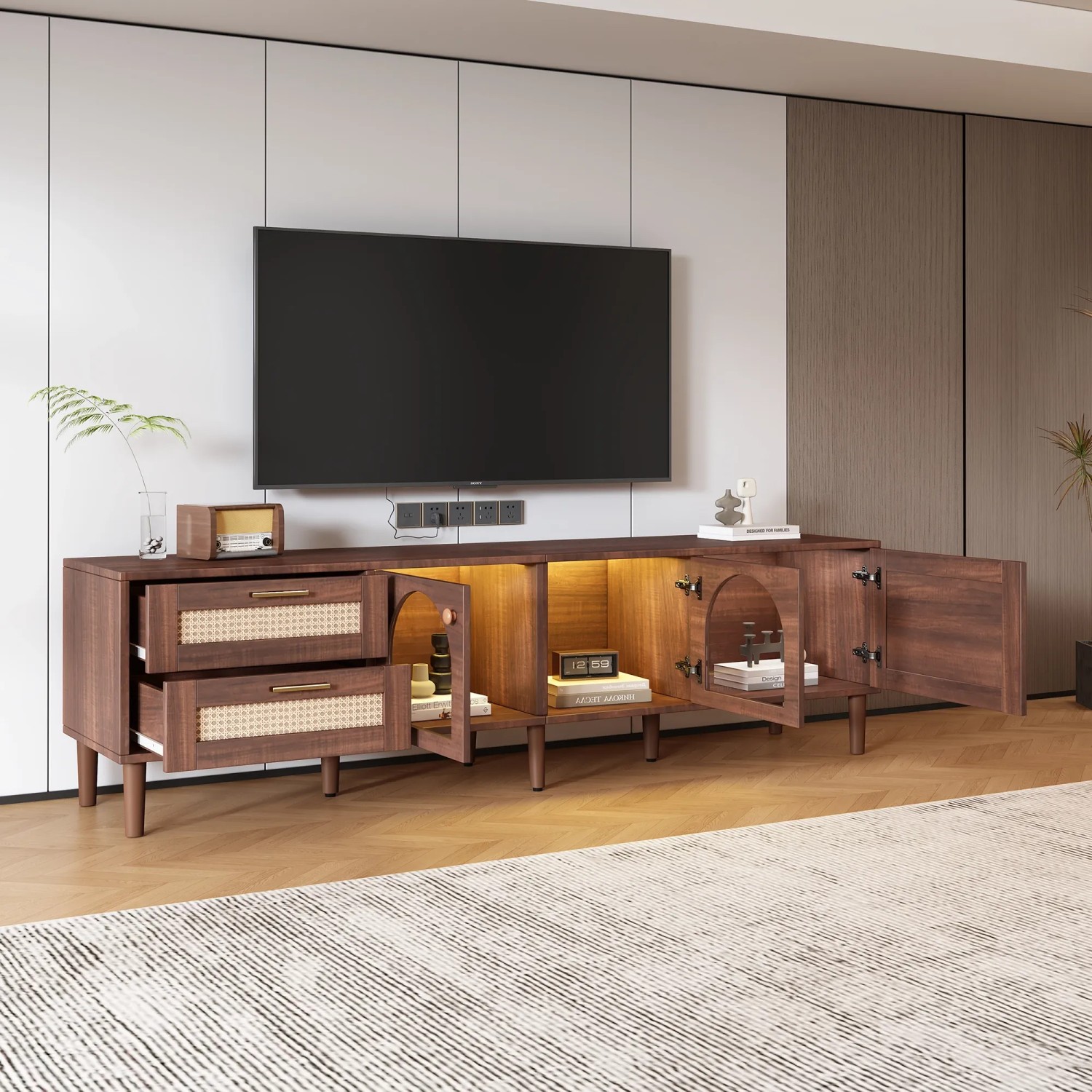 Merax TV Lowboard 180 cm LED Rattan Glastüren Für 80 Zoll TV Braun