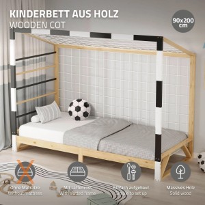 Kinderbett Fußballtor 90x200 cm aus Kiefernholz, schwarz-weiß, mit Netz und Kletterstangen.