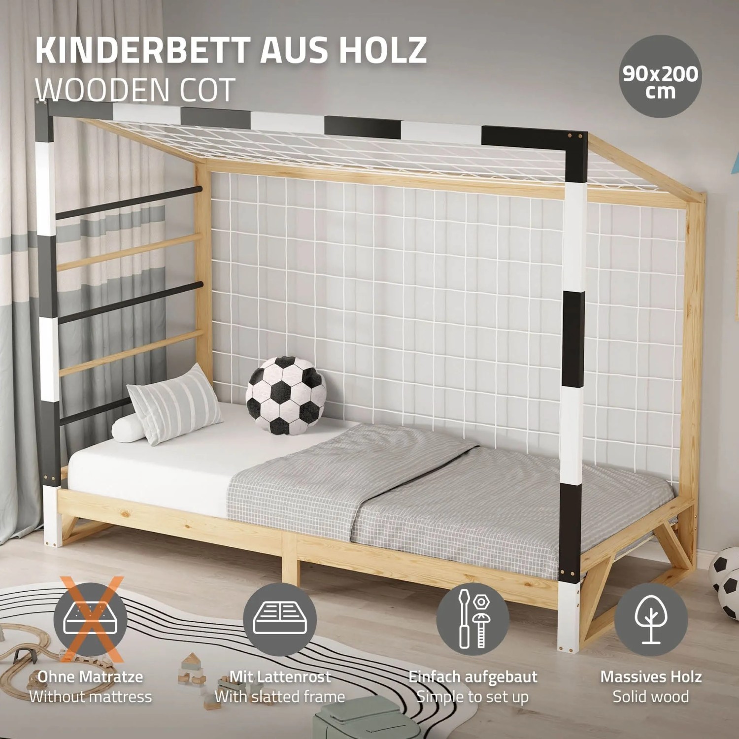 Kinderbett Fußballtor 90x200 cm aus Kiefernholz, schwarz-weiß, mit Netz und Kletterstangen.