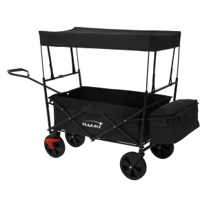 Schwarzer Hauki Bollerwagen L, faltbar mit Dach. Transportwagen für Camping, klappbar.