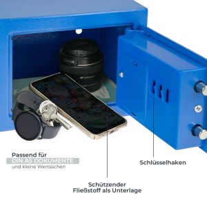 Blauer HMF Möbeltresor offen mit Smartphone, Uhr, Schlüsseln und Kameraobjektiv. Innen DIN A5 geeignet, mit Schlüsselhaken.