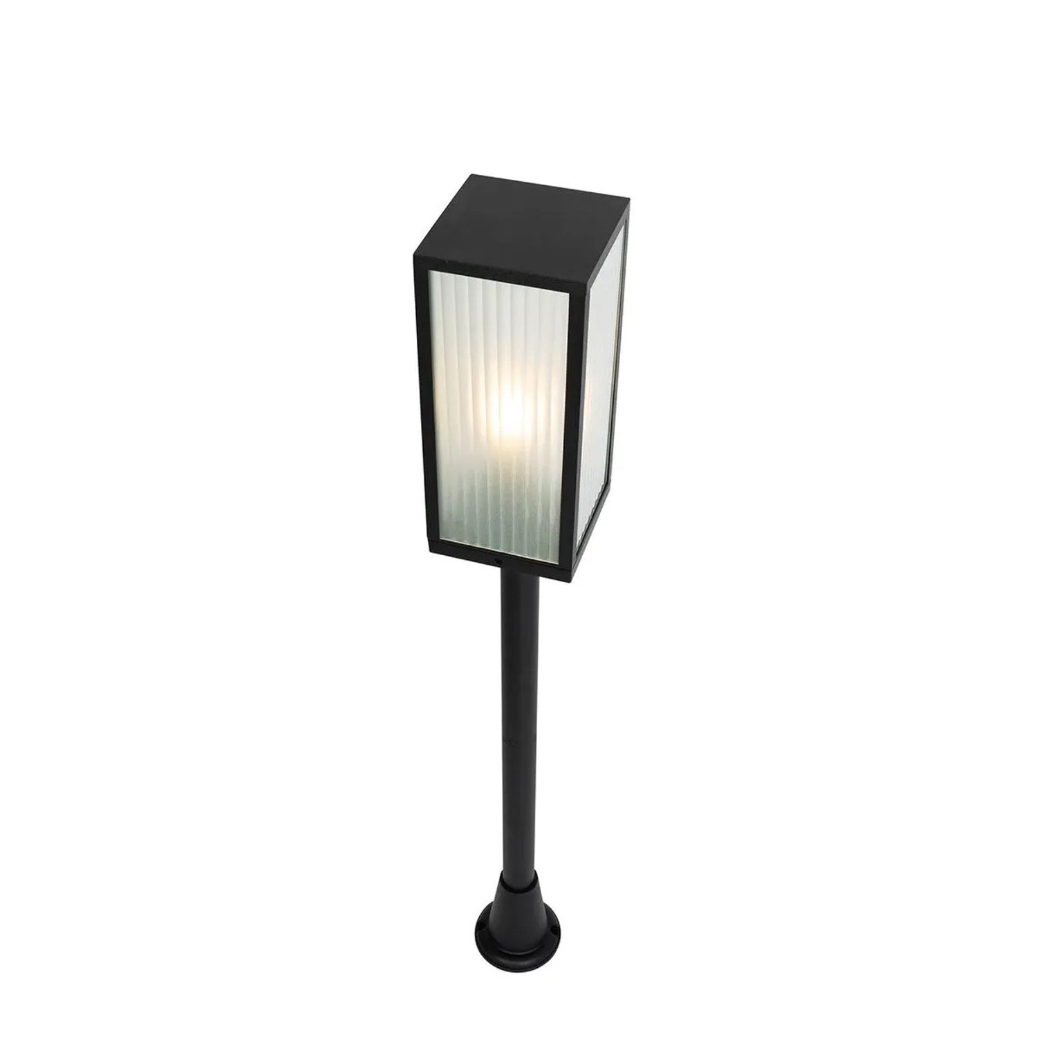 Schwarze QAZQA Außen Stehleuchte Charlois Ribbed mit geriffeltem Glas, 100cm hoch.