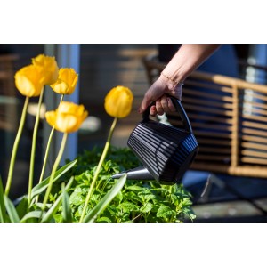 Schwarze Capi Gießkanne Doppio Xala Groove (2 l) beim Gießen von Pflanzen.