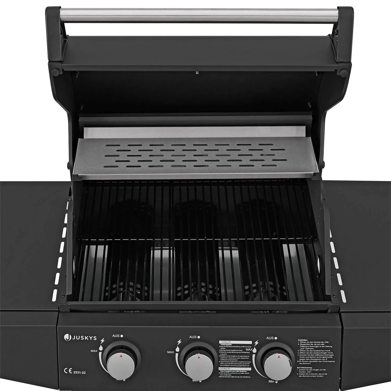 Juskys BBQ Gasgrill Louisiana mit 3 Brennern, Grillrost und Warmhalterost.