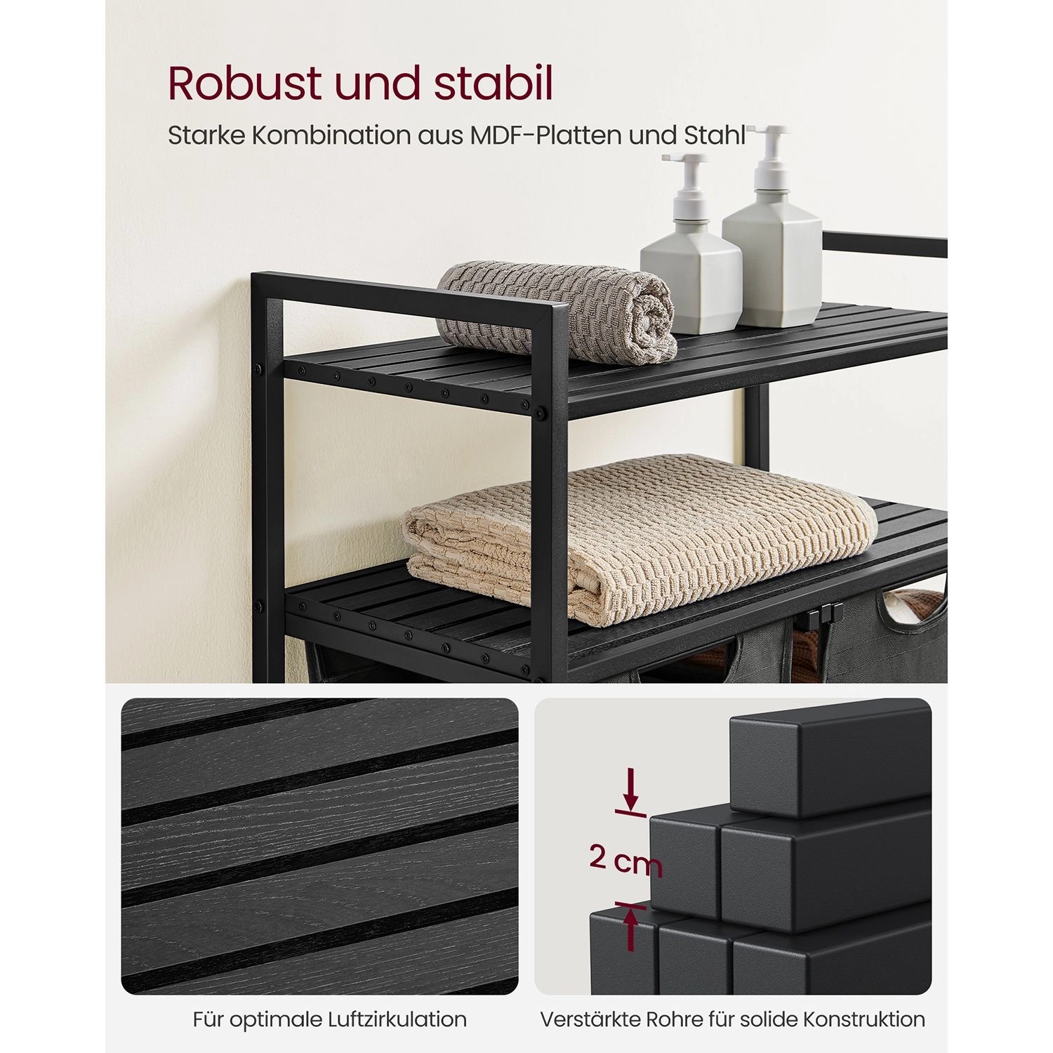 Vasagle Wäschekorb mit 2 Fächern, Ablagen und Stahlrahmen in Schwarz-Grau.