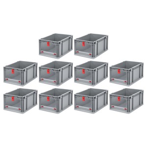 Sparset: 10 graue Euroboxen mit rotem Verschluss, 20L, für Lagerung und Transport.