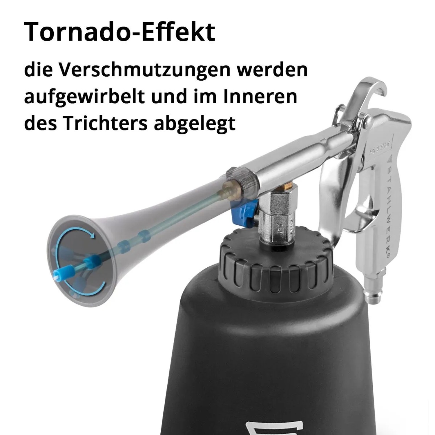 STAHLWERK Druckluft-Reinigungspistole RP-90 ST, chromfarben, schwarzer Behälter. Tornado-Effekt wirbelt Schmutz auf.