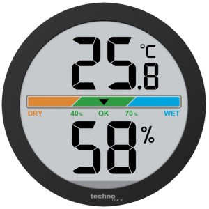 Schwarze technoline Temperaturstation WS 9418 mit digitaler Anzeige von Temperatur und Luftfeuchtigkeit.