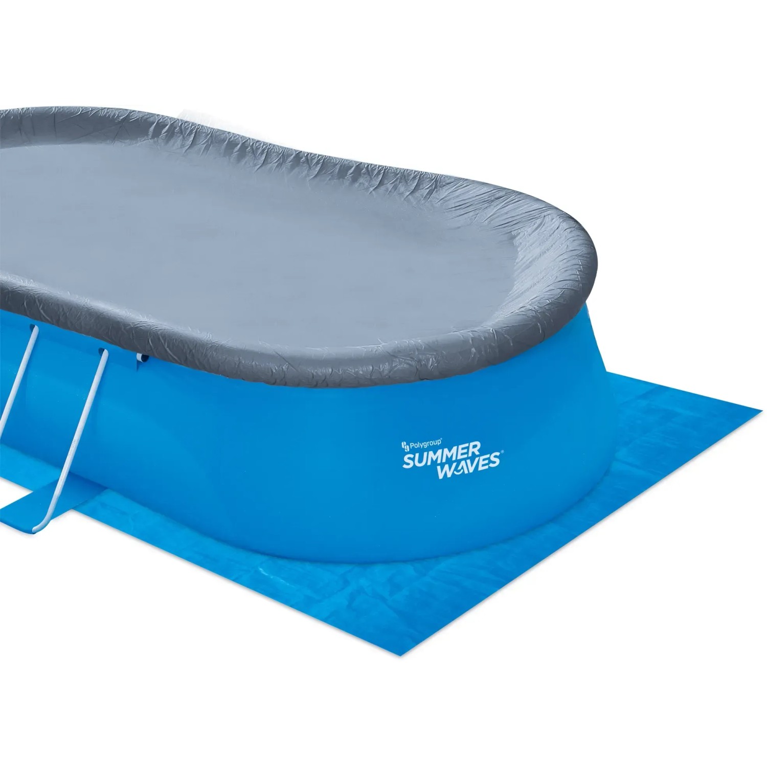 Aufblasbarer Summer Waves Quick Pool, blau, mit Abdeckung, Leiter und Unterlegplane.