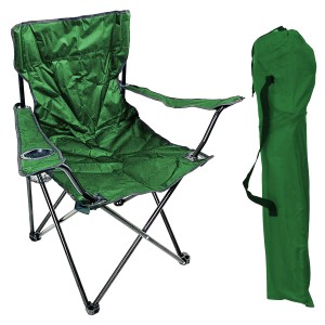 Grüner Mojawo Anglersessel/Campingstuhl mit Getränkehalter und Tragetasche.