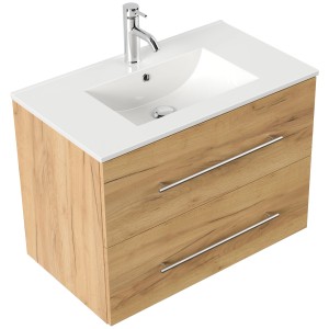 Posseik Badmöbel Homeline 80 in Eiche Gold mit Waschbecken und zwei Schubladen.