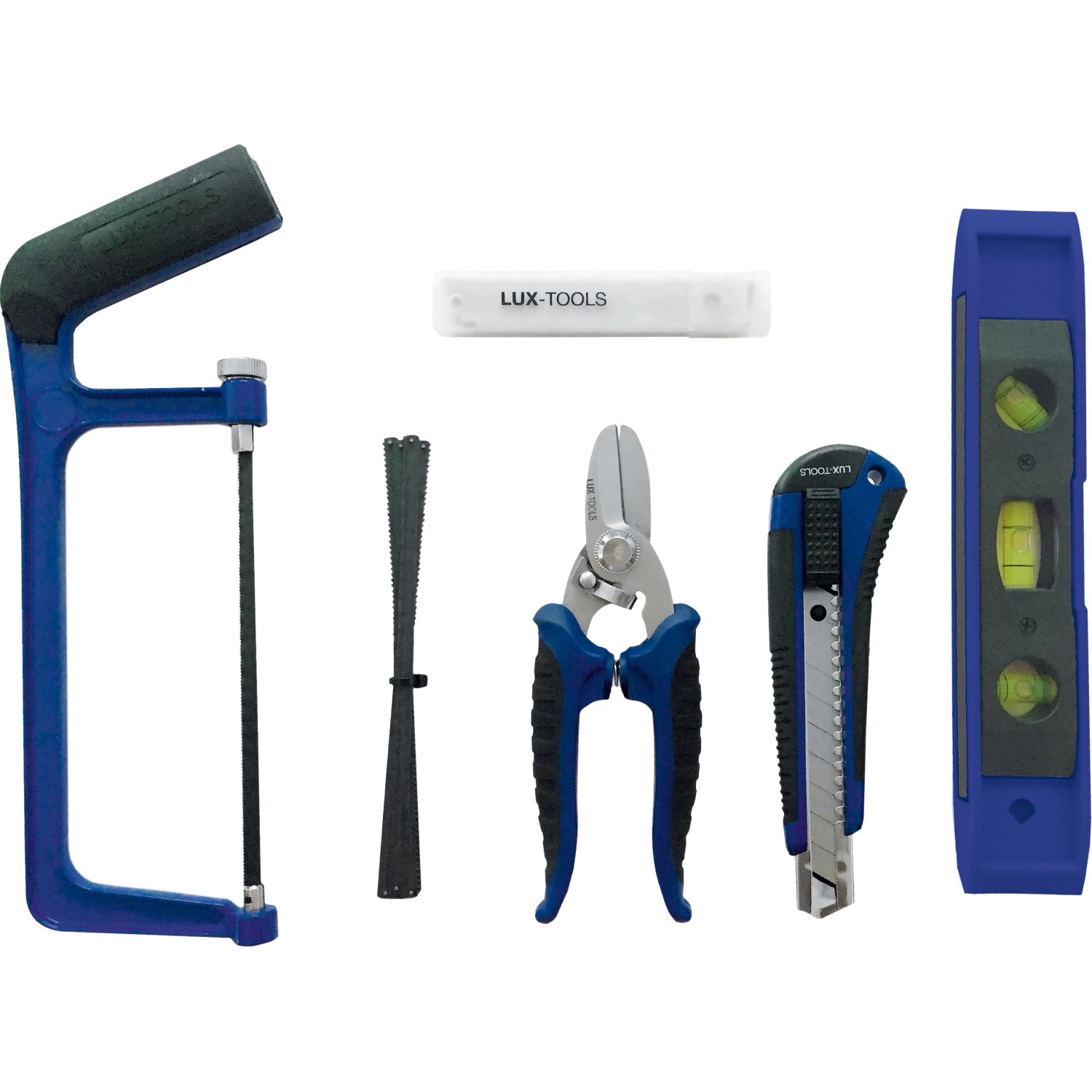 Werkzeugset im Koffer: Bügelsäge, Blätter, Schere, Cuttermesser, Wasserwaage. Für den LUX Werkzeugkoffer.