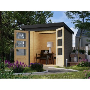 Karibu Gartenhaus Diego B, terragrau-anthrazit, 4,45 m², mit offenen Doppeltüren und Einrichtung im Garten.