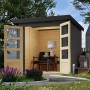 Karibu Gartenhaus Diego B, terragrau-anthrazit, 4,45 m², mit offenen Doppeltüren und Einrichtung im Garten.