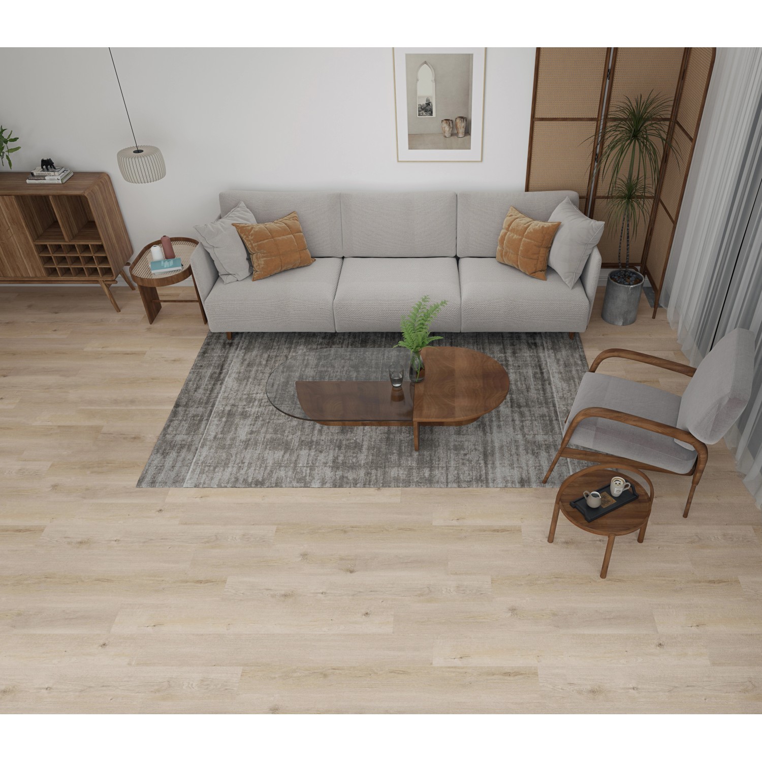 Wohnraum mit Click-Vinylboden Ziesar Eiche. Helle, freundliche Optik.