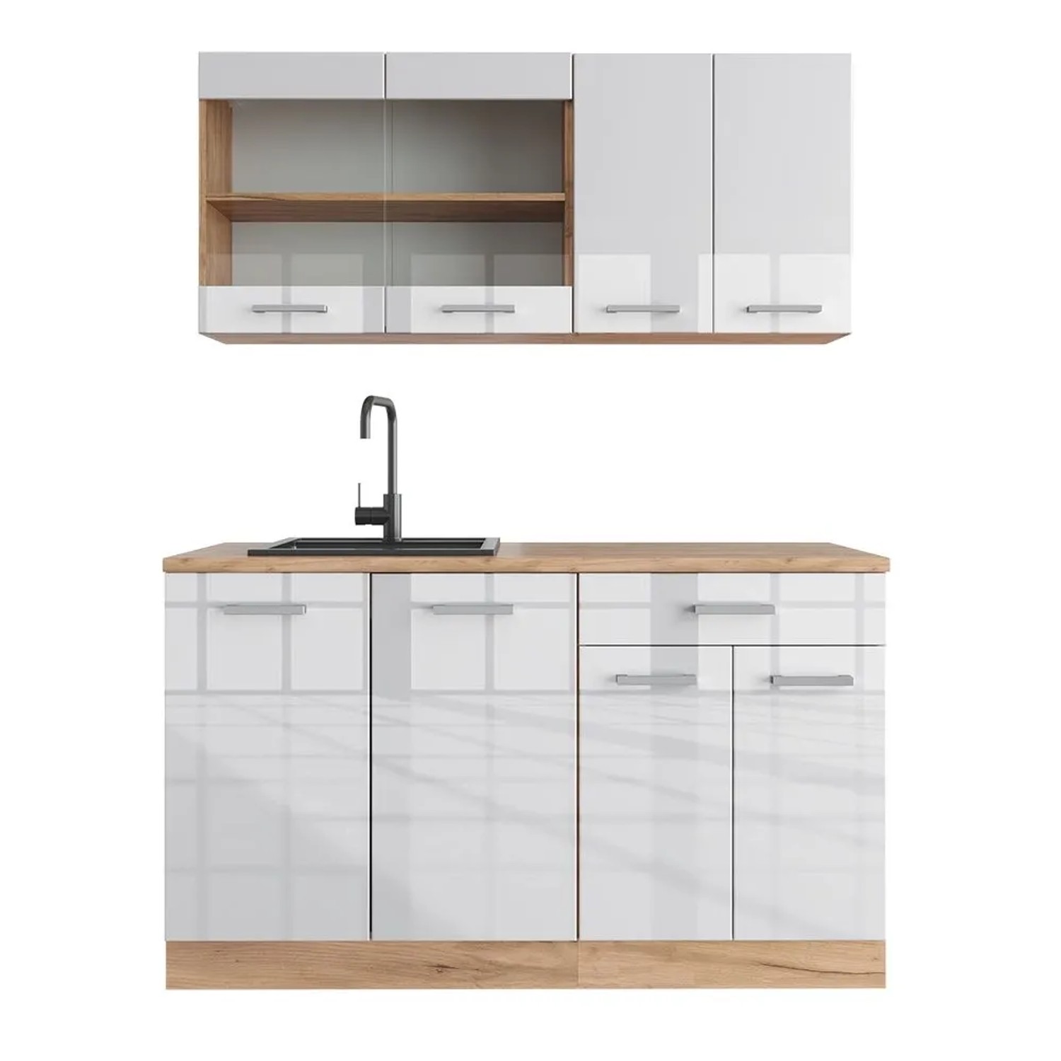 Vicco R-Line Singleküche Weiß Hochglanz Goldkraft Eiche 140 cm ohne Arbeitsplatte ohne E-Geräte