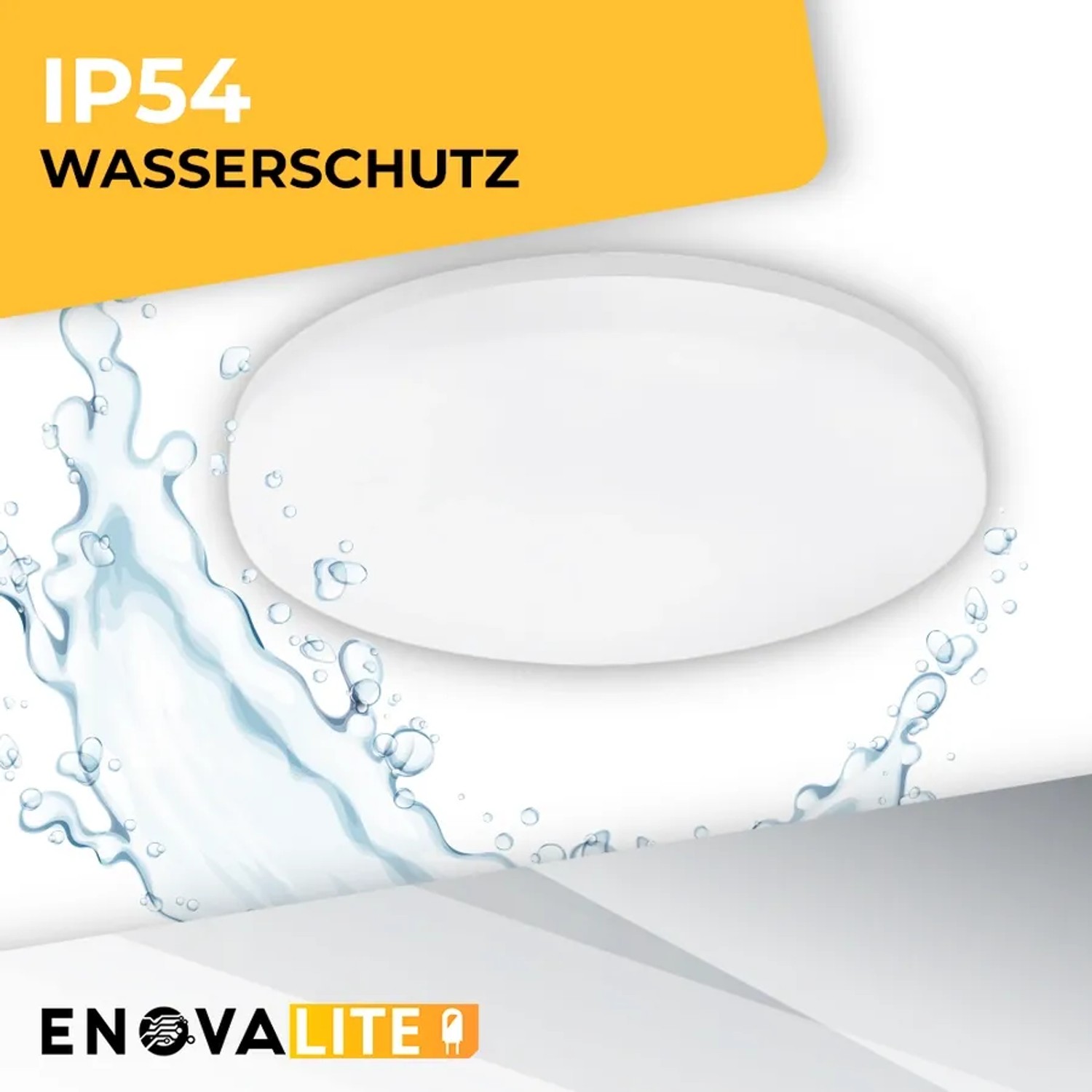 Runde, weiße ENOVALITE LED Deckenleuchte, geeignet für Feuchträume wie Badezimmer.