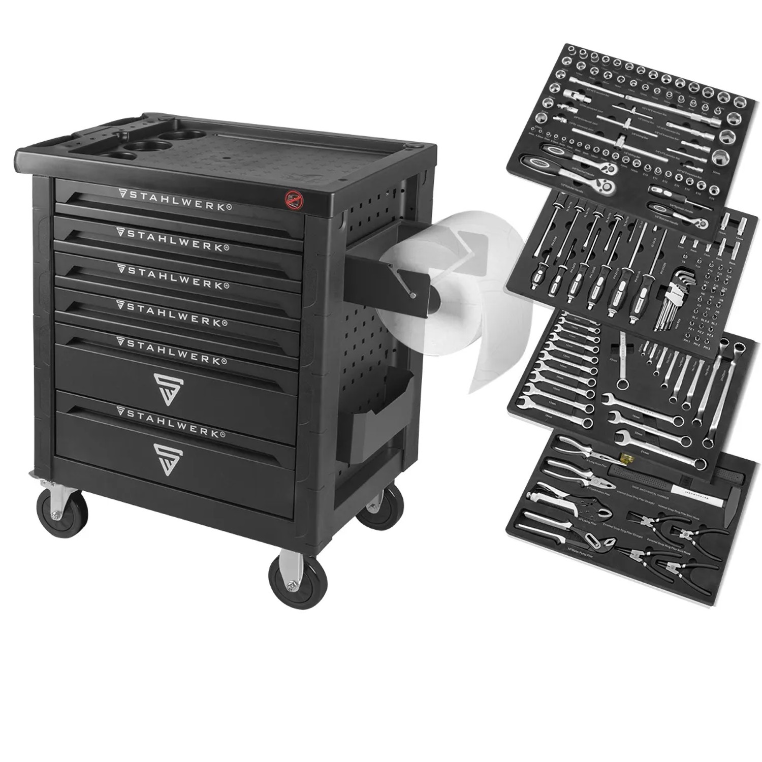 STAHLWERK Werkstattwagen Shark mit 160-teiligem Werkzeug-Set, ideal für Werkstatt & Hobby.
