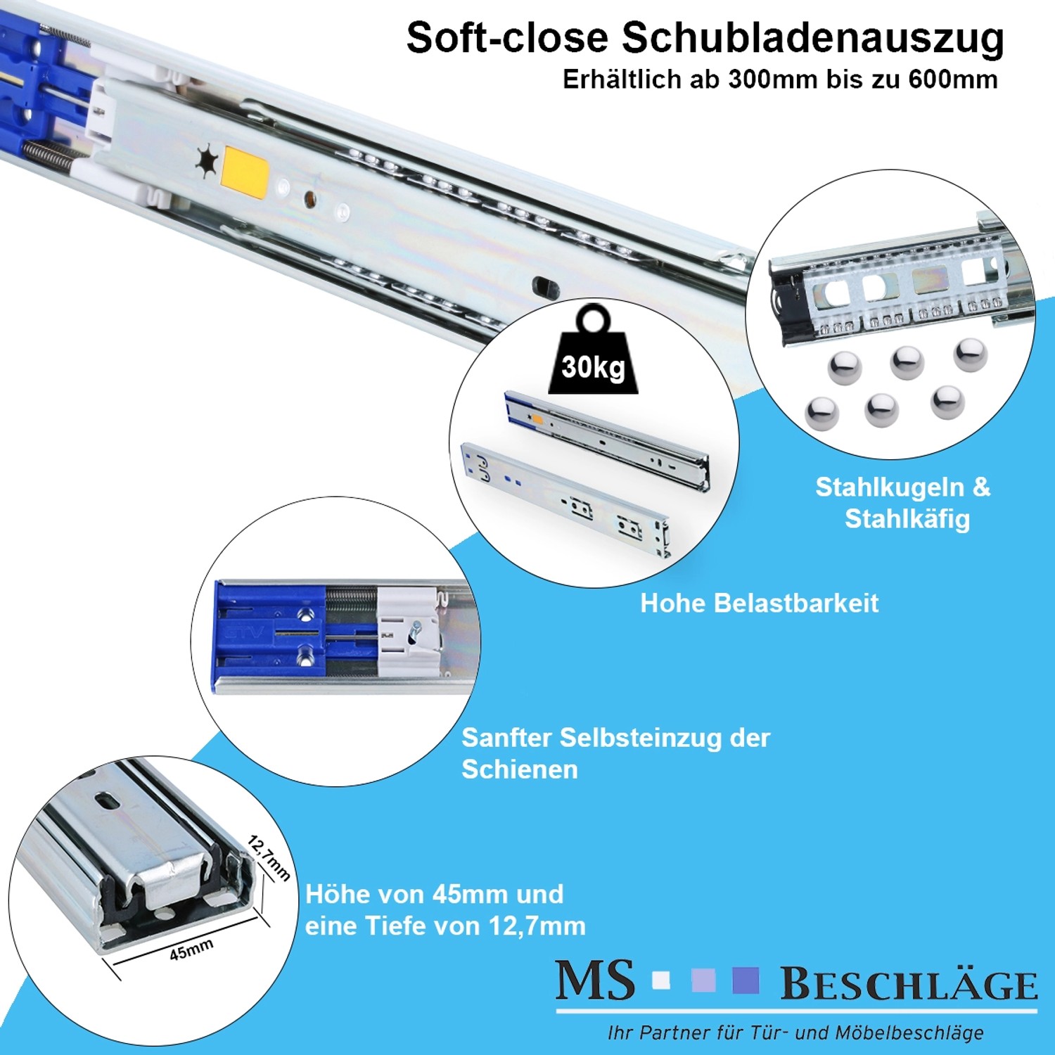 MS Beschläge Schubladenauszug, 600mm, Softclose, bis 30kg belastbar, Vollauszug aus Stahl.