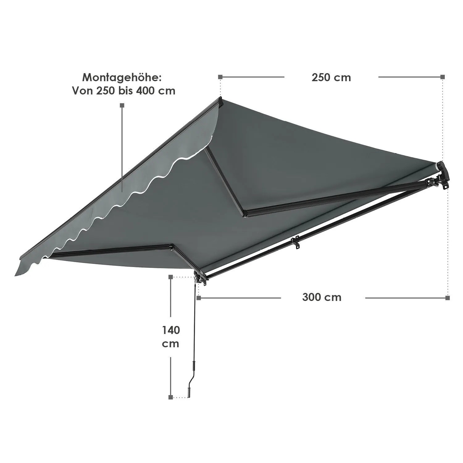 Graue Juskys Gelenkarmmarkise 300x250 cm mit Maßangaben für Montagehöhe und Ausladung.