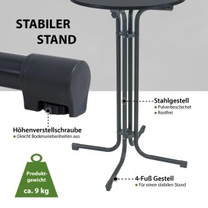 Detailansicht des TRUTZHOLM Stehtischs: Stahlgestell, Höhenverstellung und stabiler 4-Fuß.