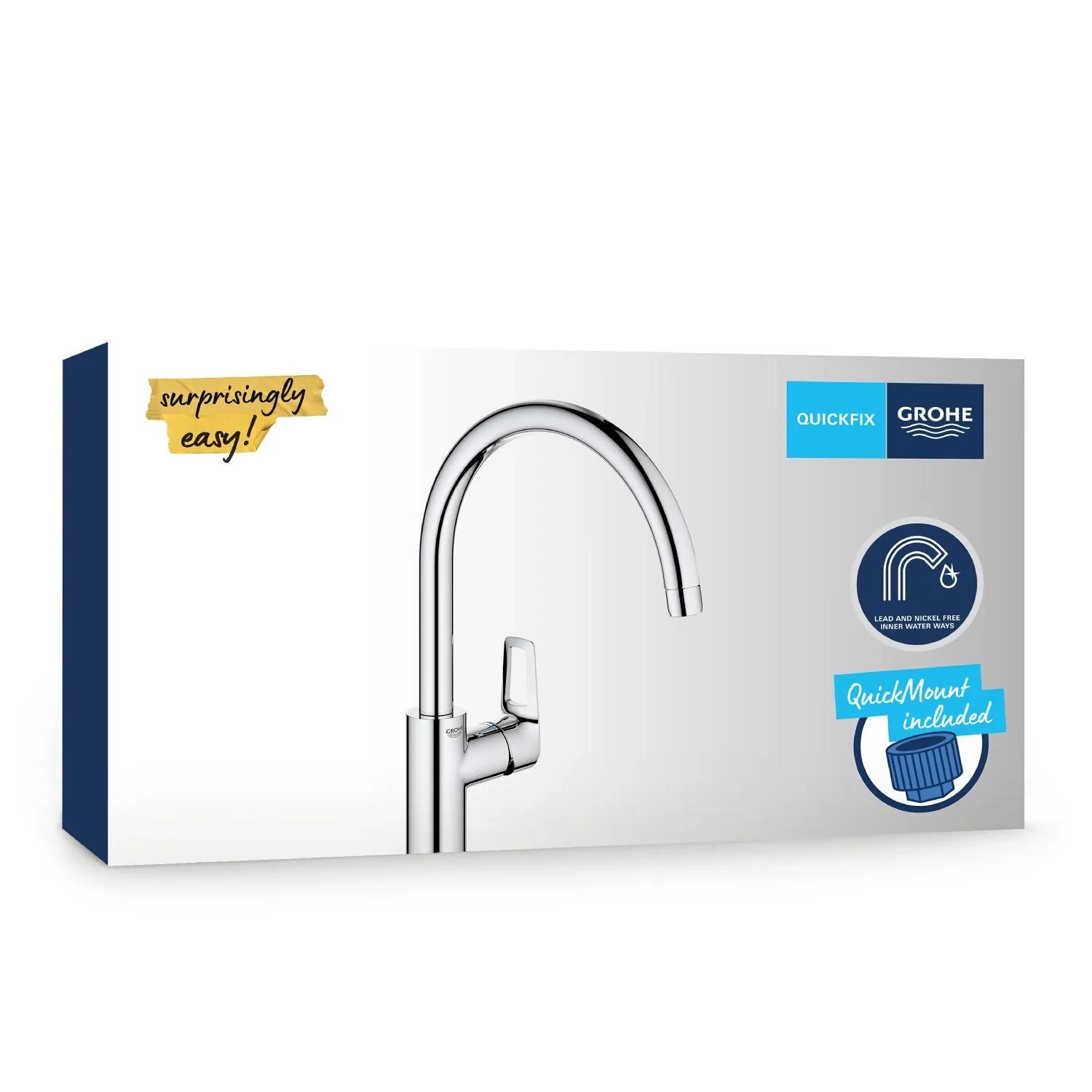 Verpackung der Grohe QuickFix Start Loop Küchenarmatur in Chrom mit hohem Auslauf.