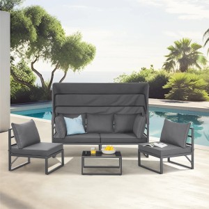 Graues Svita Maui Gartenmöbel Lounge Set mit Dach, bestehend aus Sofa, Sesseln und Tisch.