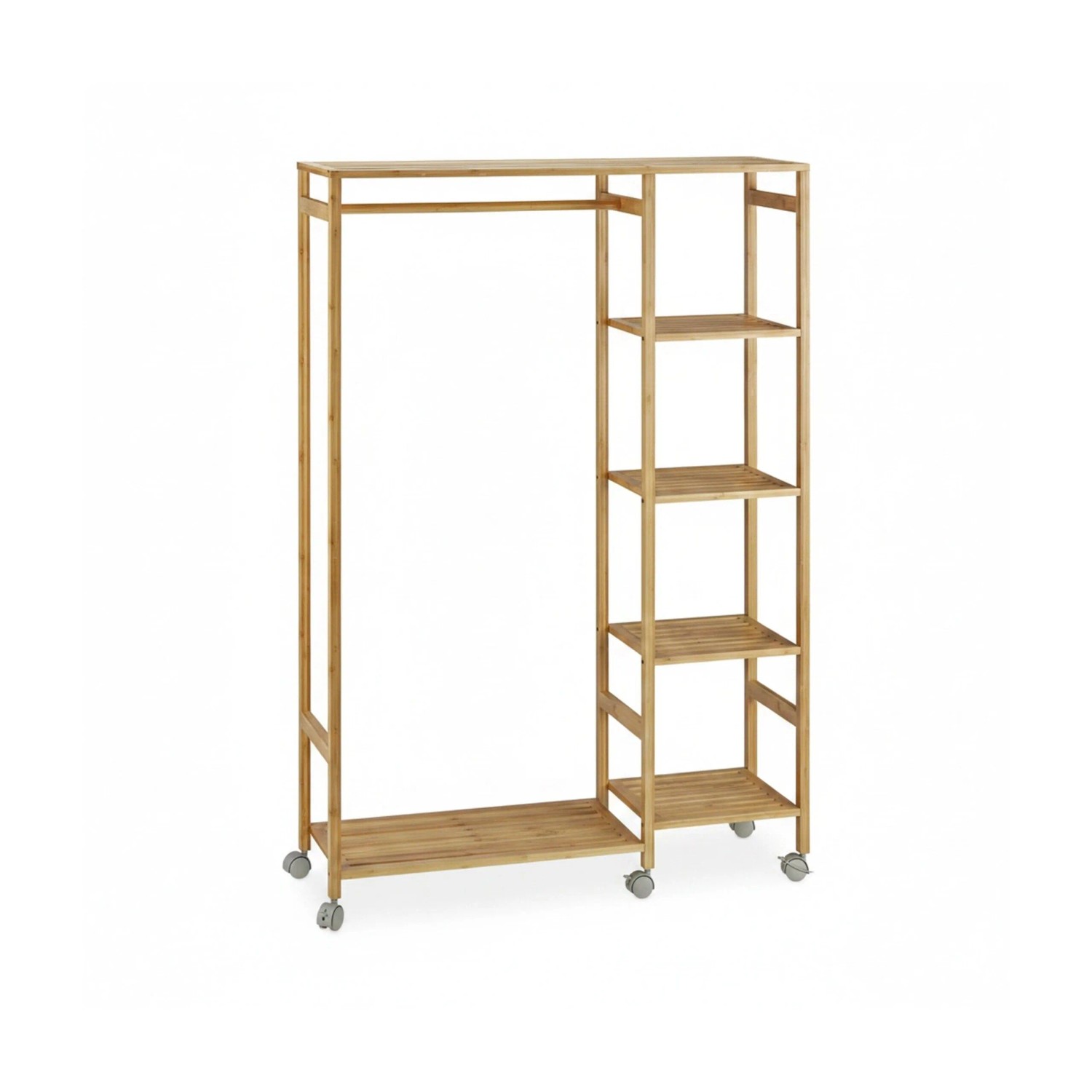 Relaxdays Rollgarderobe Bambus Natur Grau Mit Rollen 136,5 cm x 92 cm x 30 cm