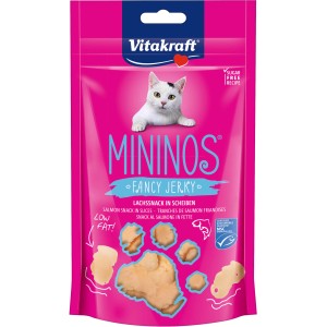 Vitakraft Mininos Lachssnack, 40g Packung Katzenleckerli mit Lachs in Scheiben.