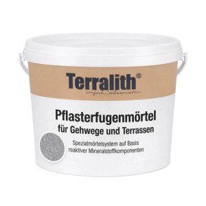 Terralith Drän Pflasterfugenmörtel Granit Grau im weißen Eimer für Gehwege und Terrassen.