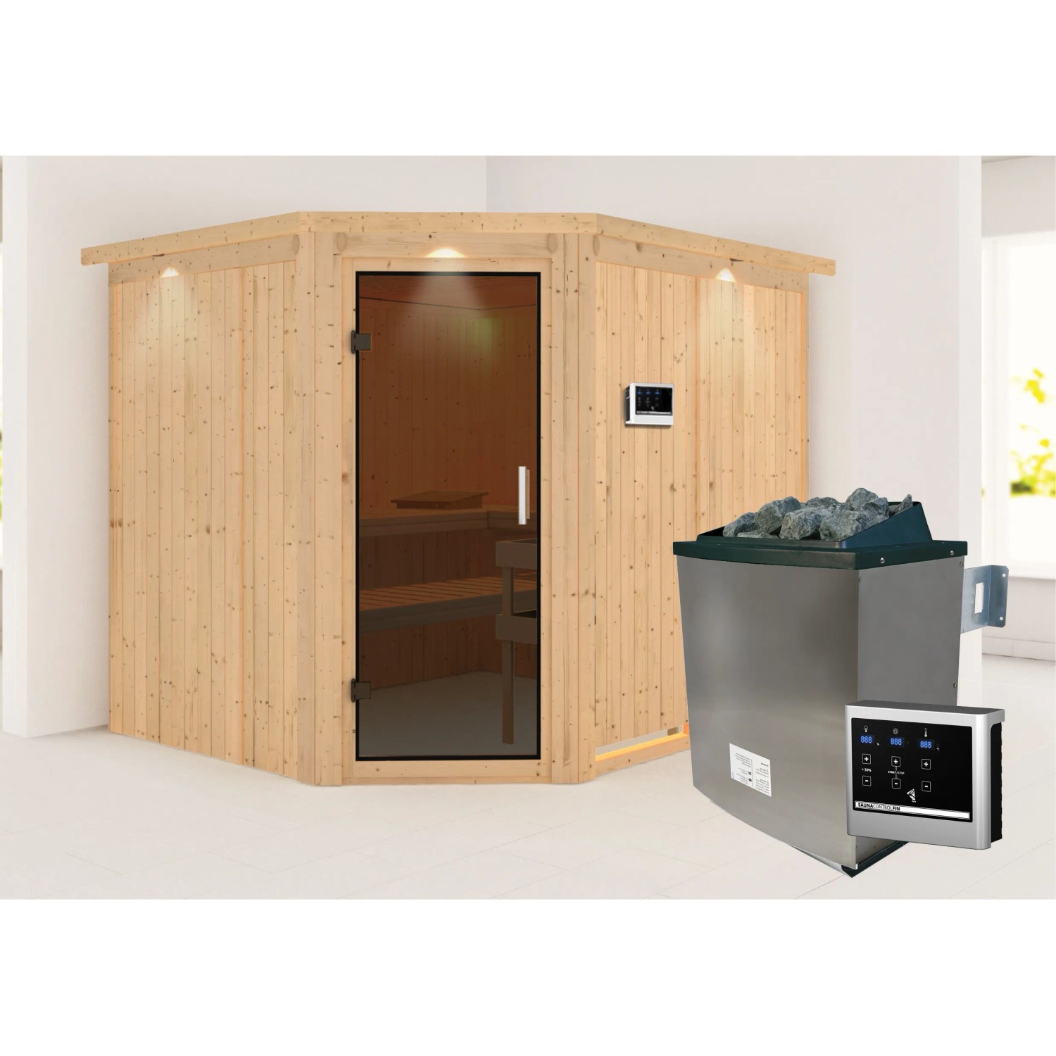 Karibu Sauna mit Ofen externe Stg.LED-Dachkranz Grap Natur