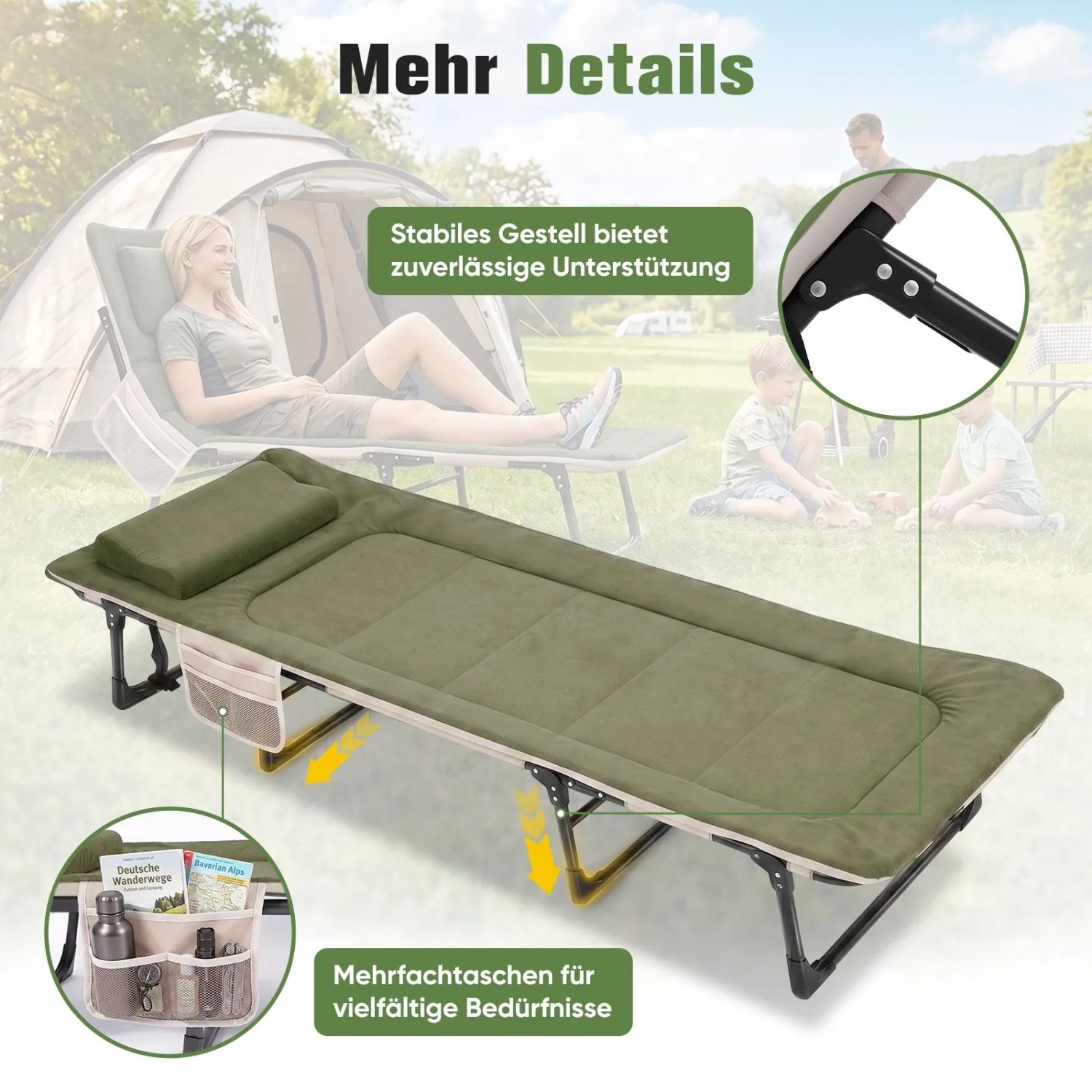 Grünes Sekey Campingbett mit Matratze, Kissen und verstellbarer Rückenlehne. Klappbares Faltbett mit robustem Stahlgestell und Seitentaschen.