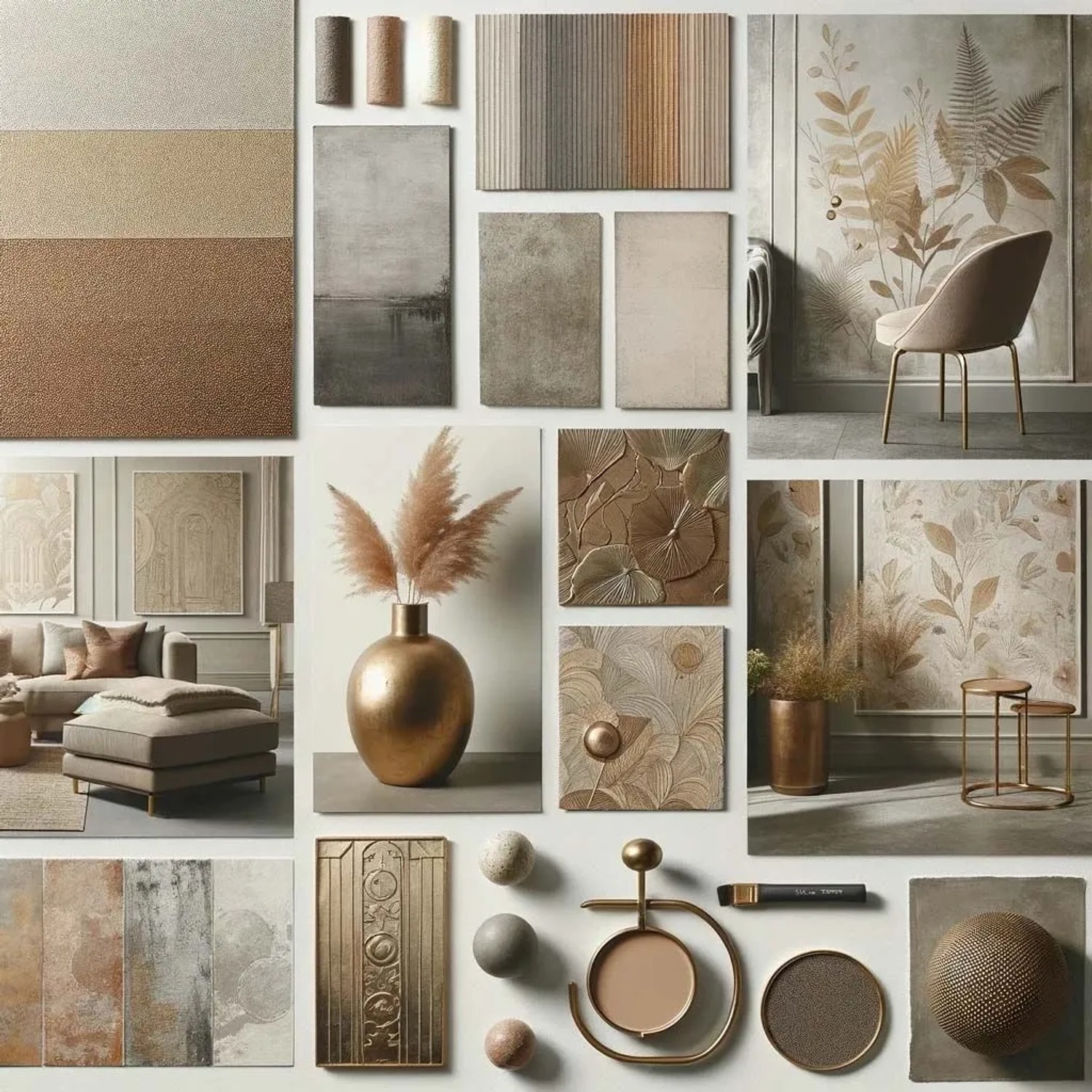 Collage verschiedener Newroom Vliestapeten Perseus Beige Beton Modern FSC® Designs.