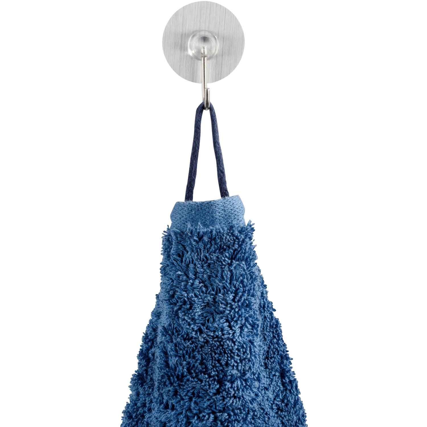 Wenko Wandhaken Static-Loc 4er-Set in Edelstahl-Optik mit blauem Handtuch.