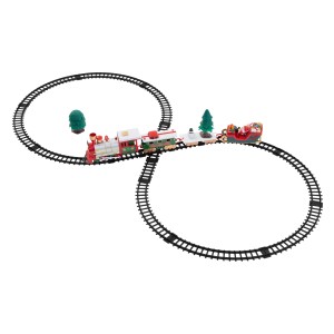 ECD Germany Weihnachtszug Set mit Lok, Waggons, Schienen, Bäumen und Schneemann auf weißem Hintergrund.