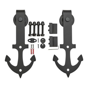 SOTECH Rollen Set ANCORA für Schiebetüren, 2 schwarze Stahl-Laufrollen (Ø 70mm) mit Ankerdesign und Montagematerial.