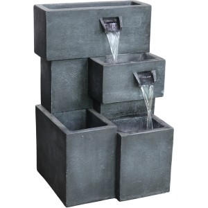 Grauer Silex Kunststeinbrunnen mit LED-Beleuchtung für Garten und Balkon.