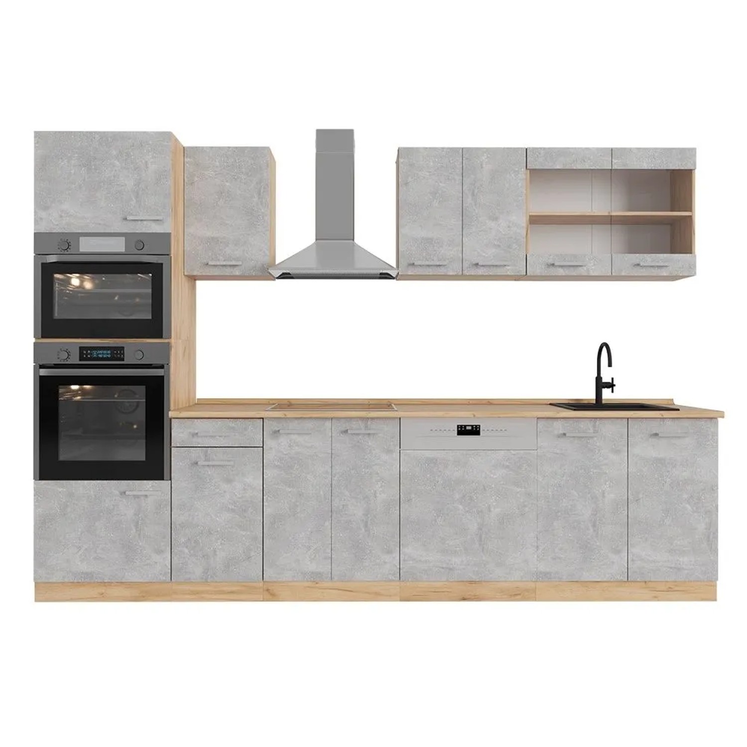 Vicco R-Line Küchenzeile Beton Goldkraft Eiche 300 cm mit Hochschrankohne Arbeitsplatte ohne E-Geräte