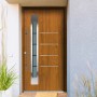 Moderne Splendoor Haustür Berlin Prime Golden Oak mit Glasausschnitt und Edelstahlapplikationen.