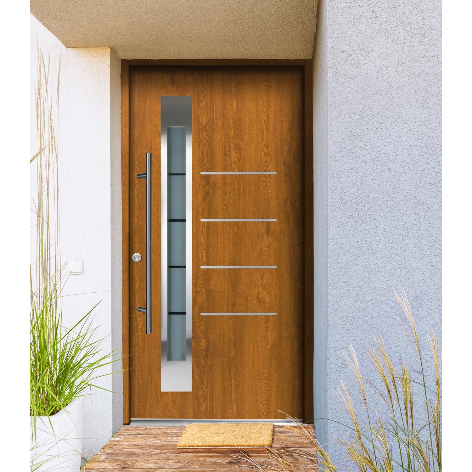 Moderne Splendoor Haustür Berlin Prime Golden Oak mit Glasausschnitt und Edelstahlapplikationen.