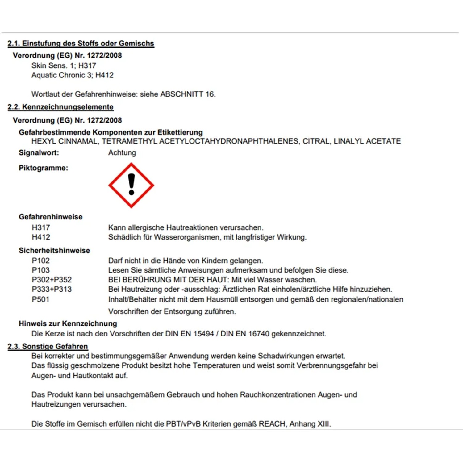 Sicherheitsdatenblatt: Gefahrenhinweise, Inhaltsstoffe und Sicherheitshinweise.