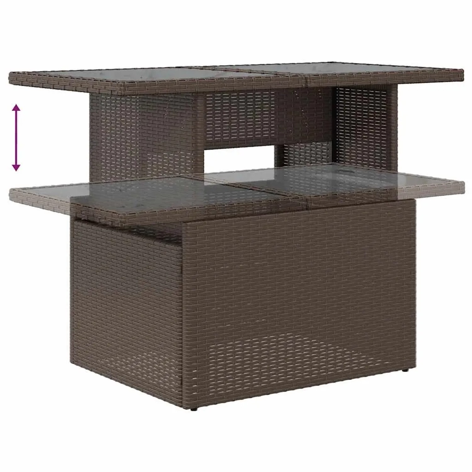 Brauner vidaXL Gartentisch aus Rattan mit verstellbarer Tischplatte.