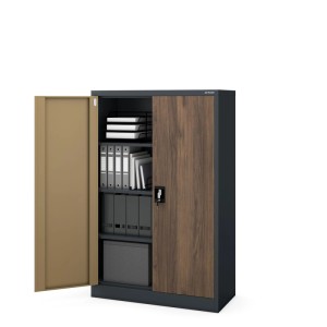 JAN NOWAK Büroschrank KEVIN, 140x90x40 cm, anthrazitfarben mit Nussbaum-Dekor, mit Ordnern und Zubehör.