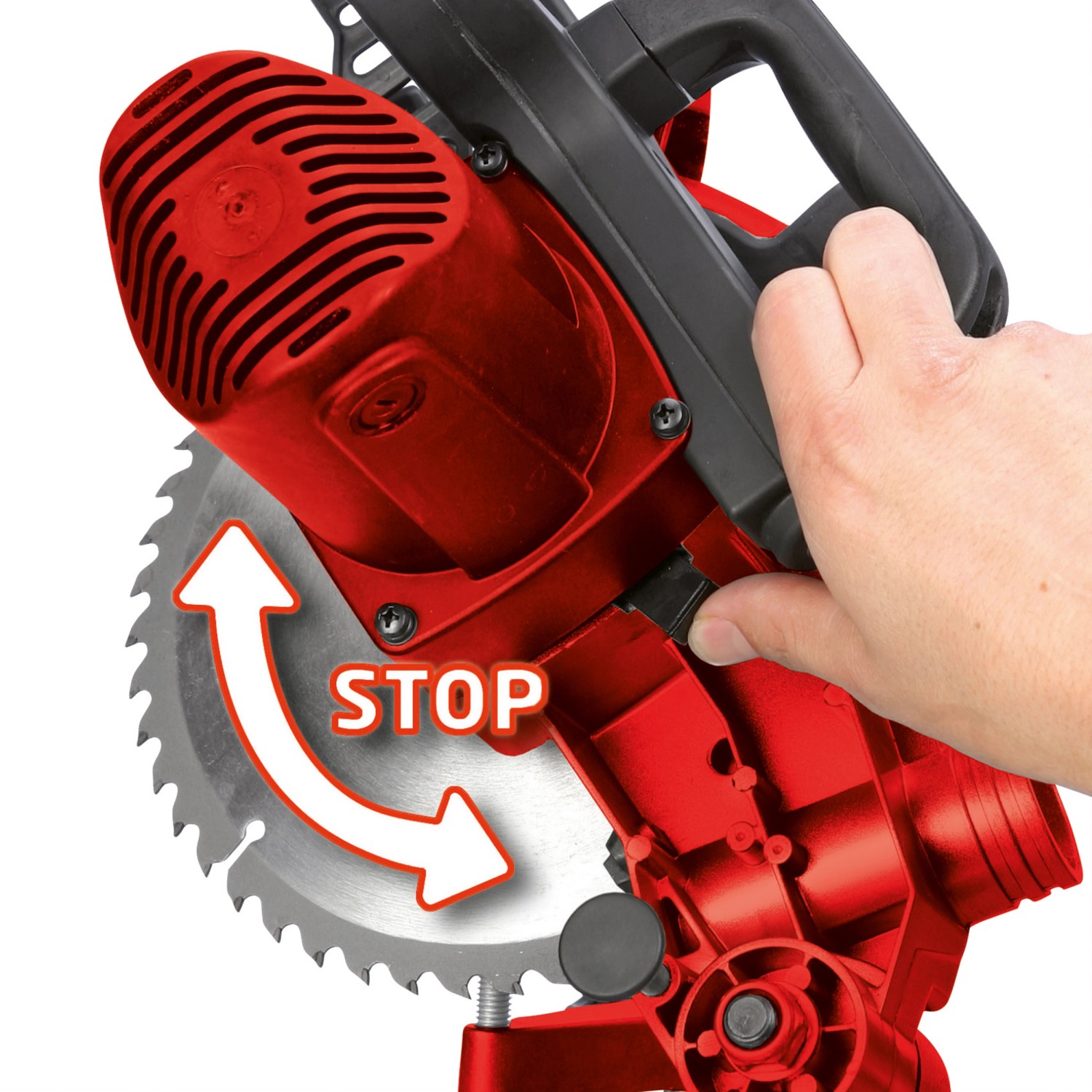 Einhell TC-MS 2112 Kapp-Gehrungssäge in Rot mit Sägeblatt und Hand bei der Bedienung.