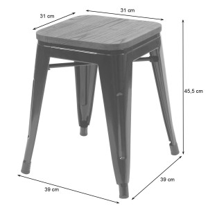 Schwarzer Metall Hocker mit Holz Sitzfläche im Industrie Design, stapelbar, Maße sind eingezeichnet.