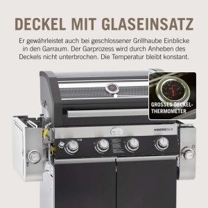RÖSLE Videro G4 S Gasgrill: Schwarzer Deckel mit Glaseinsatz und großem Deckelthermometer. Bedienfeld mit Drehknöpfen.
