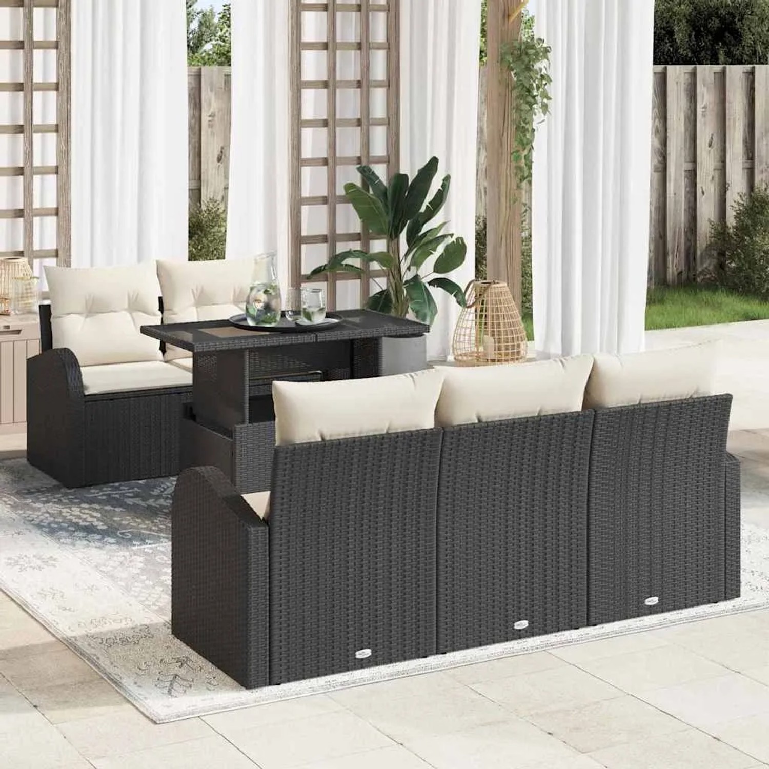 Schwarzes 6-tlg. vidaXL Garten-Sofa-Set aus Poly Rattan mit Kissen für Terrasse und Garten.