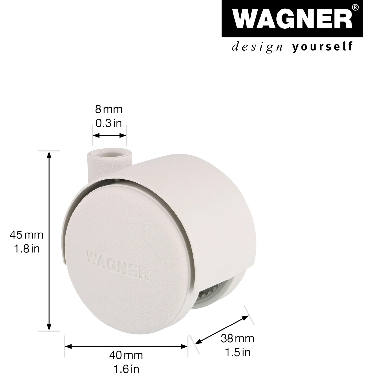 Weiße Wagner Möbel-Doppelrolle, Ø 4 cm, für Möbel. Rolle aus Kunststoff mit 8 mm Aufnahme.